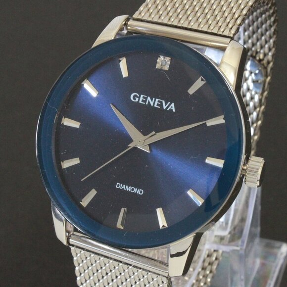 Geneva Men's Dress Watch Diamond At 12 Blue Dial Milanese Bracelet 42mm - Picture 10 of 13